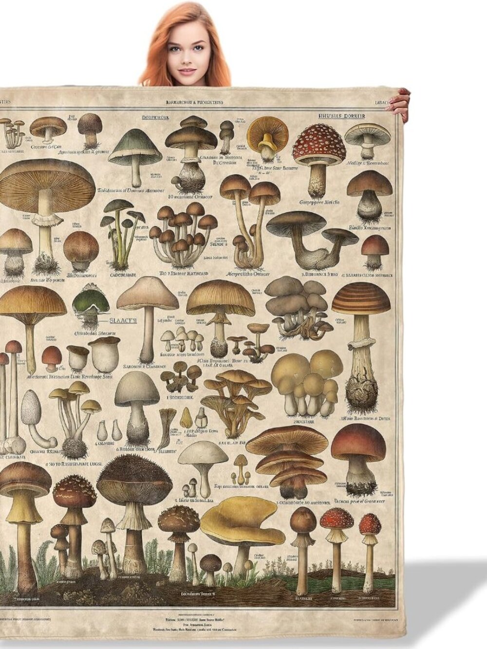 Vintage Mushroom Chart Pattern Throw Blanket 50"x60", Botanical Enthusiast Blank